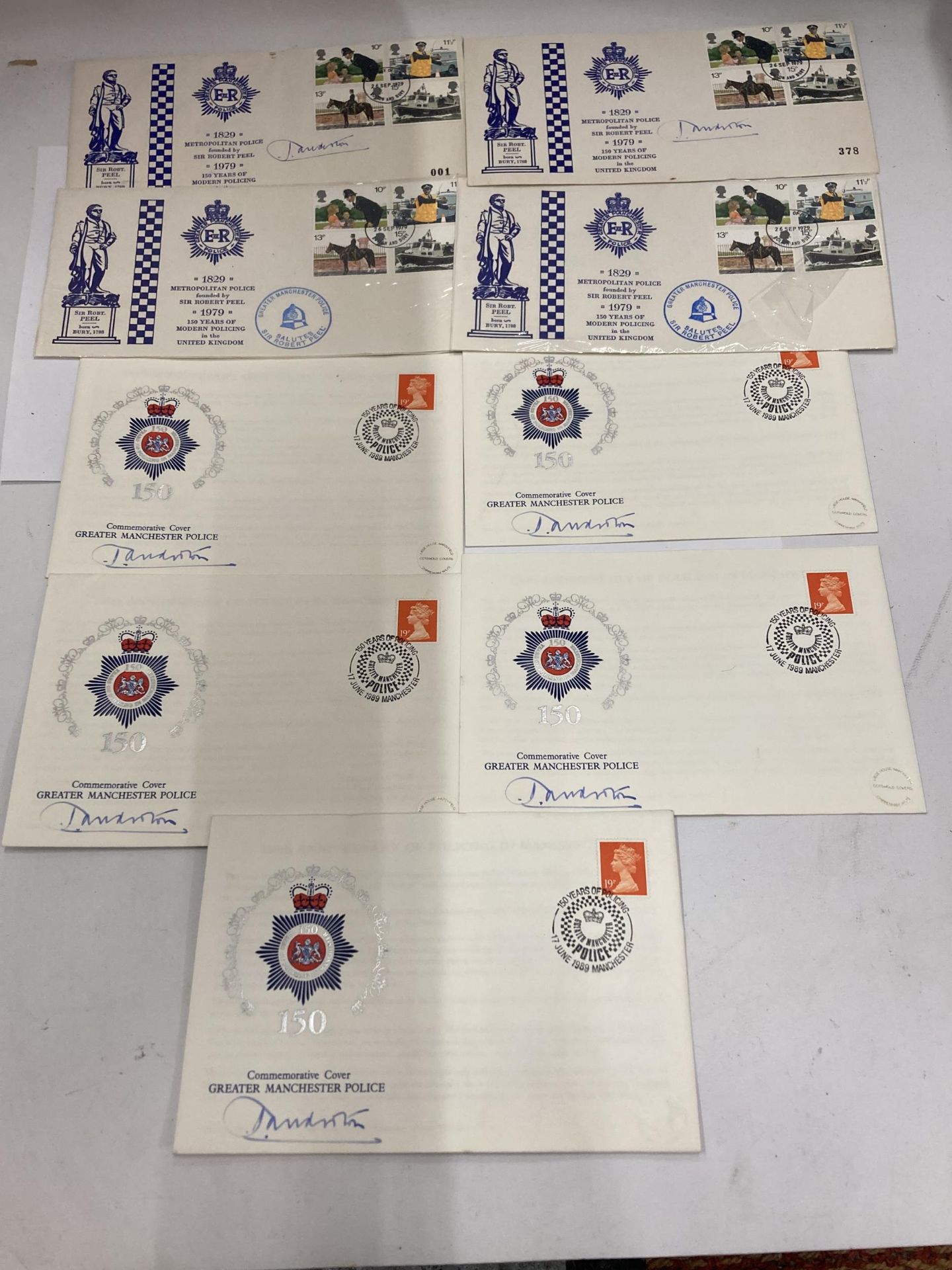 EIGHT FIRST DAY COVERS TO INCLUDE 1979 CELEBRATING 150 YEARS OF MODERN POLICING AND FOUR 1989
