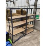 TWO FIVE TIER METAL AND WOODEN WORKSHOP SHELVING UNITS