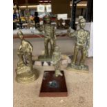 FOUR BRASS FIGURES OF MINERS, ONE ON A MARBLE PLINTH