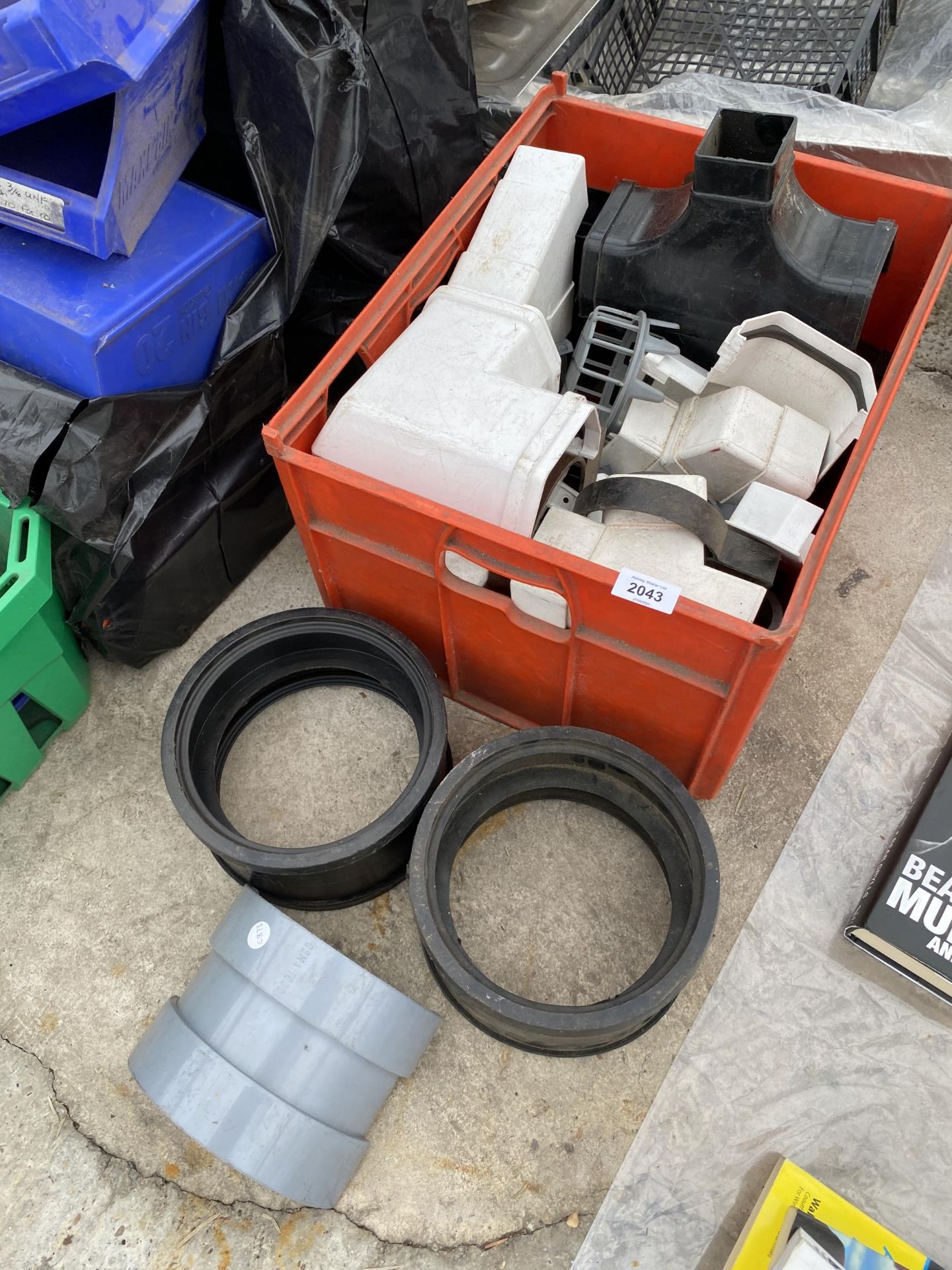 AN ASSORTMENT OF GUTTER FITTINGS AND PLASTIC LIN BINS ETC - Image 2 of 2