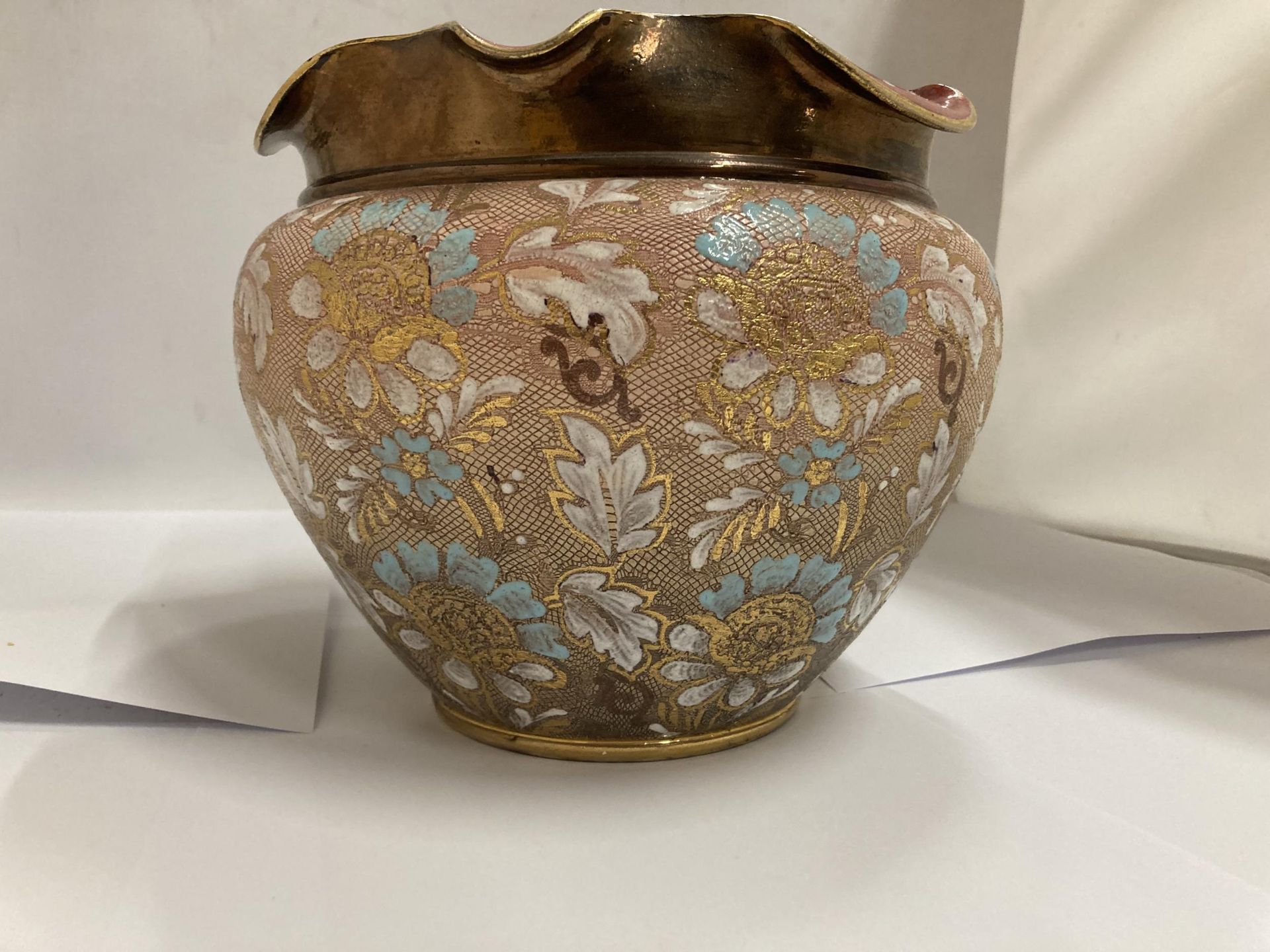A DOULTON SLATERS PLANTER/VASE WITH FLUTED RIM AND CLOISONNE STYLE FLORAL PATTERN, HEIGHT 19CM, - Image 3 of 4
