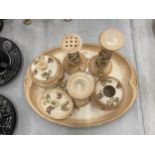 A VINTAGE CERAMIC DRESSING TABLE SET WITH BIRD AND FLORAL DESIGN