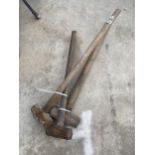 THREE WOODEN HANDLED SLEDGE HAMMERS