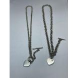 TWO SILVER T BAR NECKLACES WITH HEART CHARMS