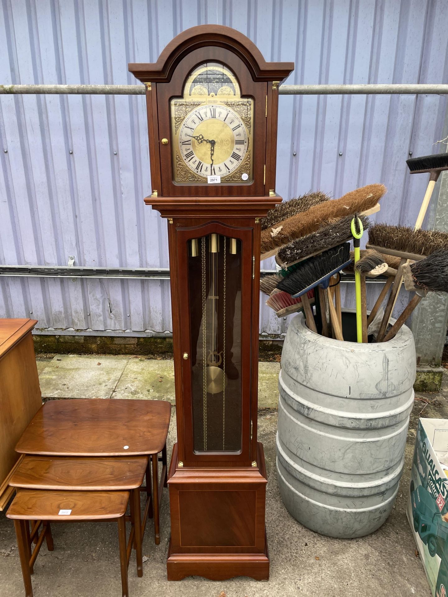A MODERN MAHOGANY AND CROSSBANDED LONGCASE CLOCK WITH GLASS DOOR, TRIPLE WEIGHTS AND BRASS FACE