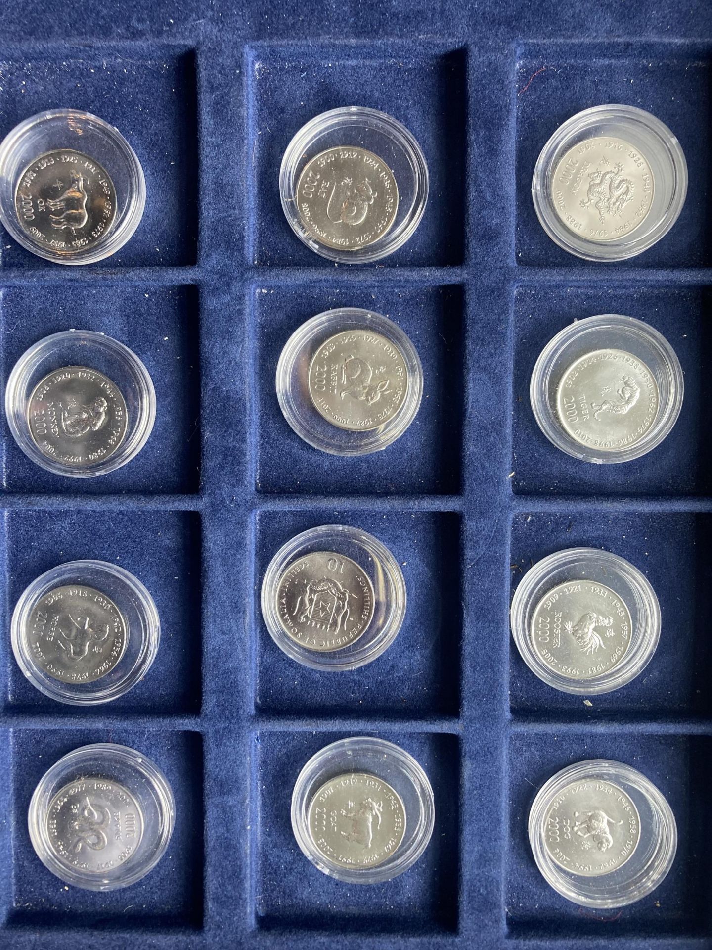 SOMALIA , A SELECTION OF 12 ENCAPSULATED TEN SHILLING COINS FROM 2000