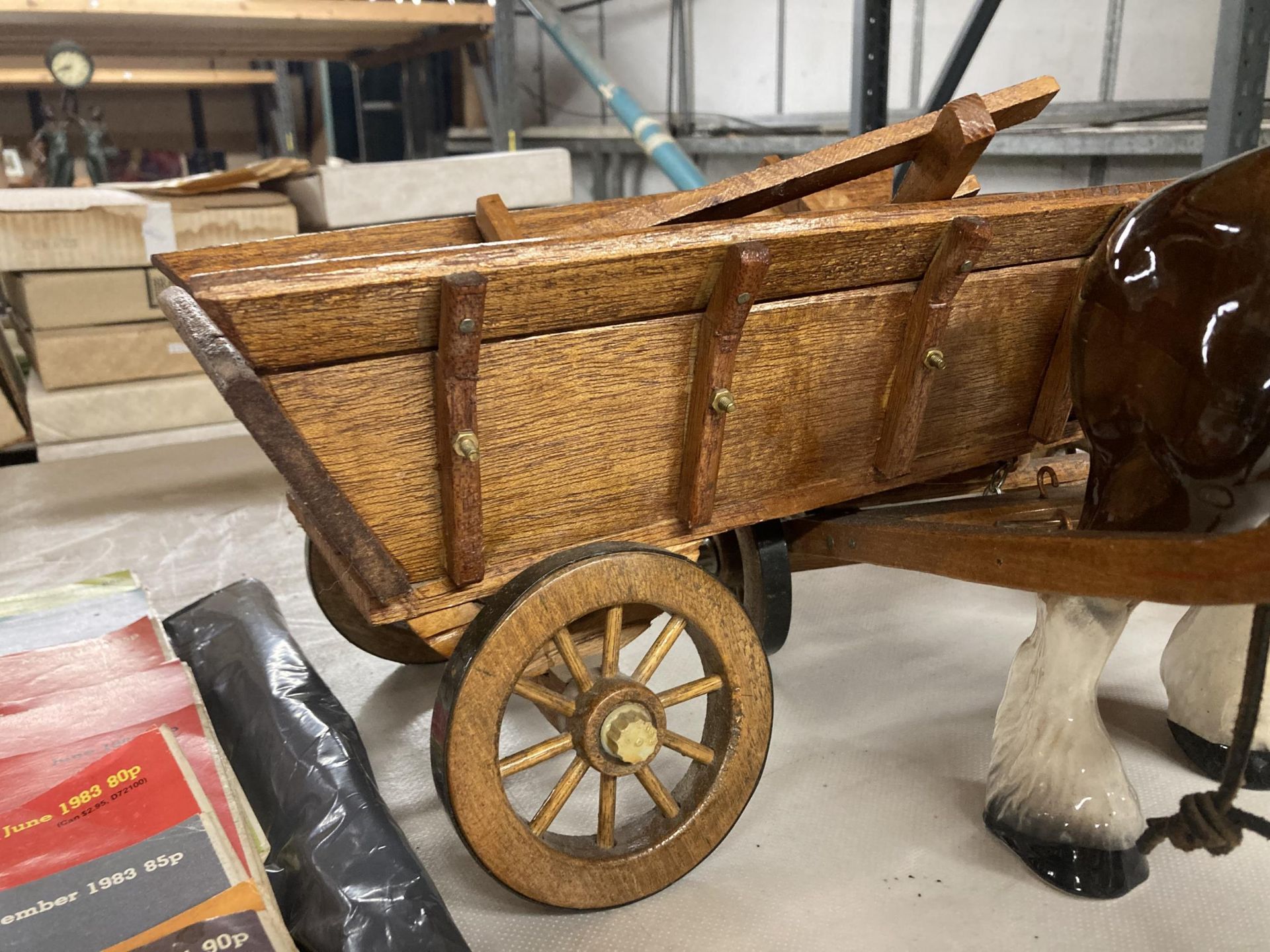 A CERAMIC SHIRE HORSE WITH WOODEN CART - Image 3 of 3