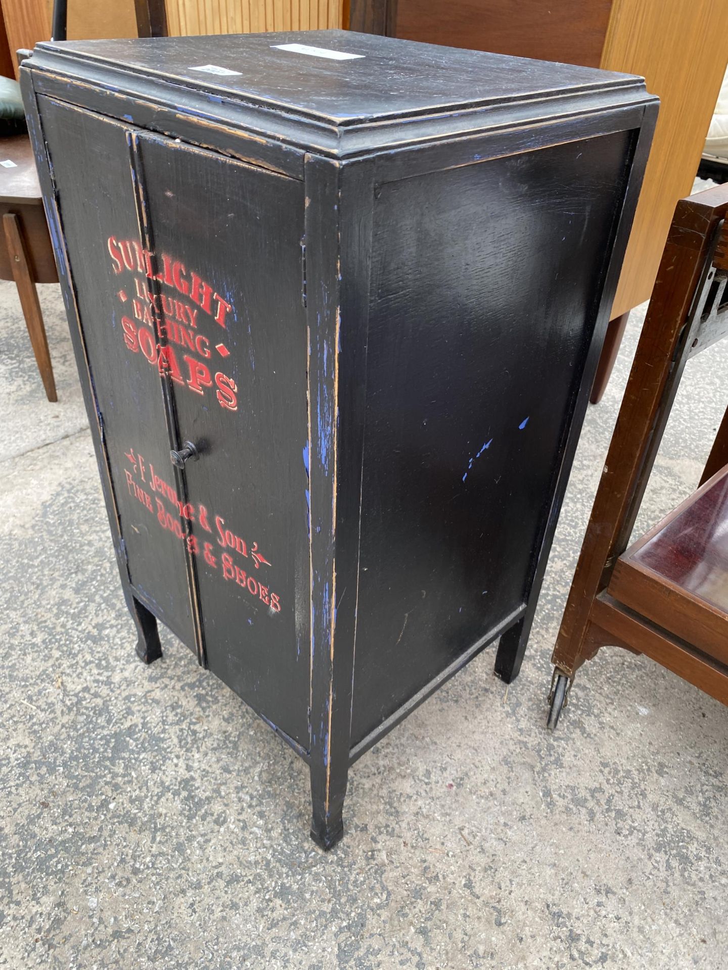 A PAINTED RECORD CABINET BEARING PAINTED DETAILS, SUNLIGHT SOAPS & F.JEROME & SON, FINE BELTS & - Image 2 of 3