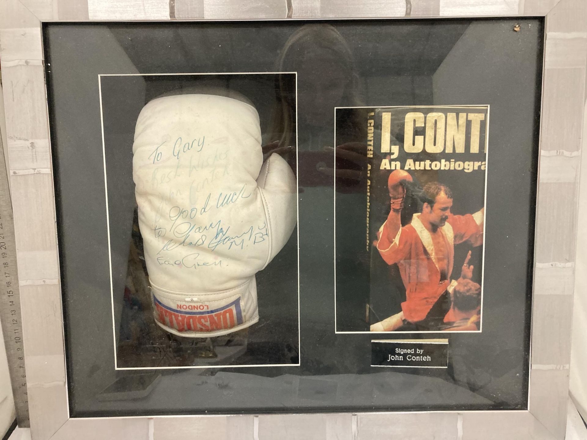 A FRAMED & SIGNED JOHN CONTEH BOXING GLOVE & AUTOBIOGRAPHY BOOK - Image 2 of 4
