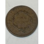 AN 1837 U.S.A CORONET HEAD CENT COIN, BELIEVED VF
