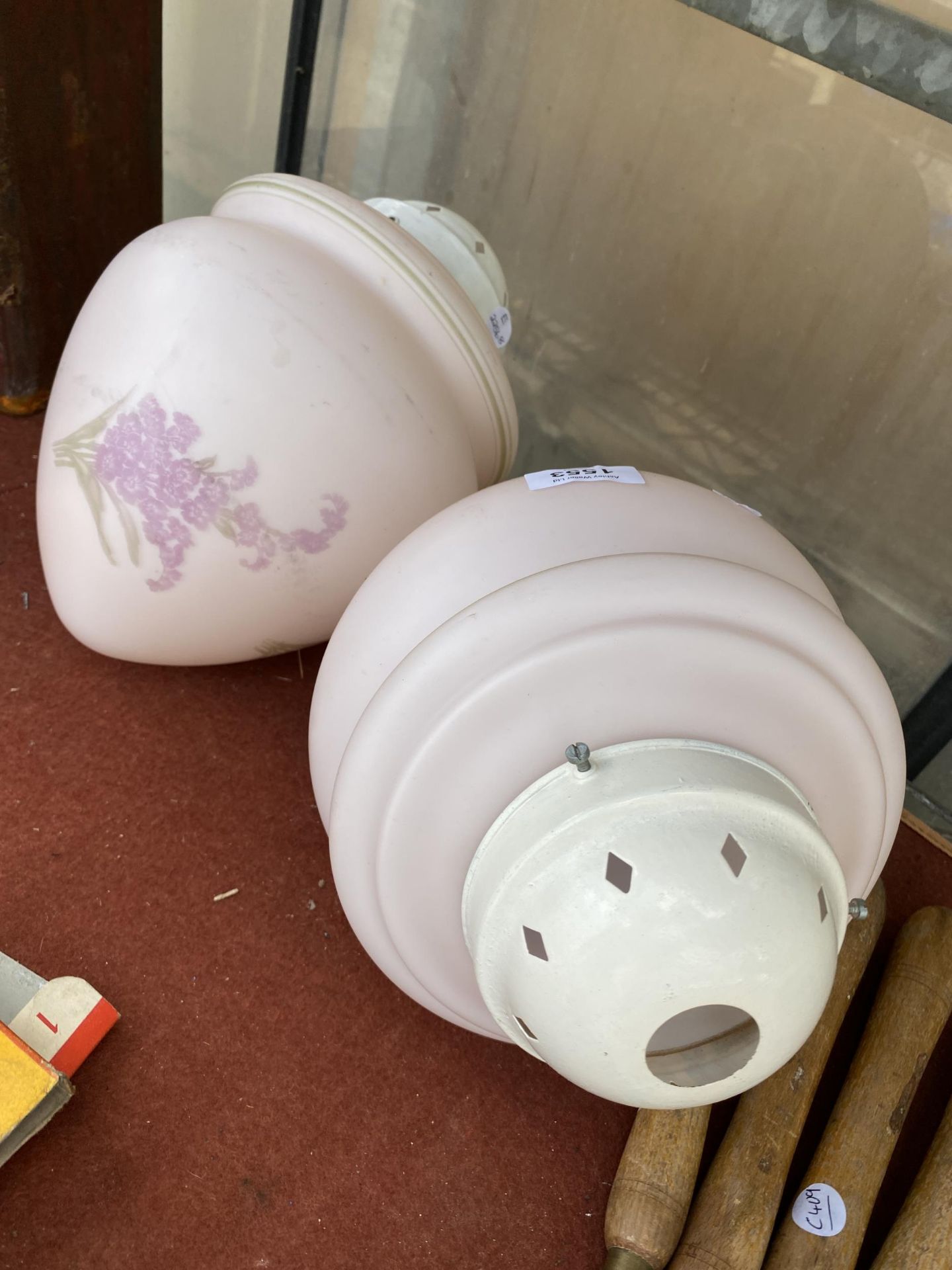 A PAIR OF RETRO PINK GLASS LIGHT SHADES - Image 2 of 2