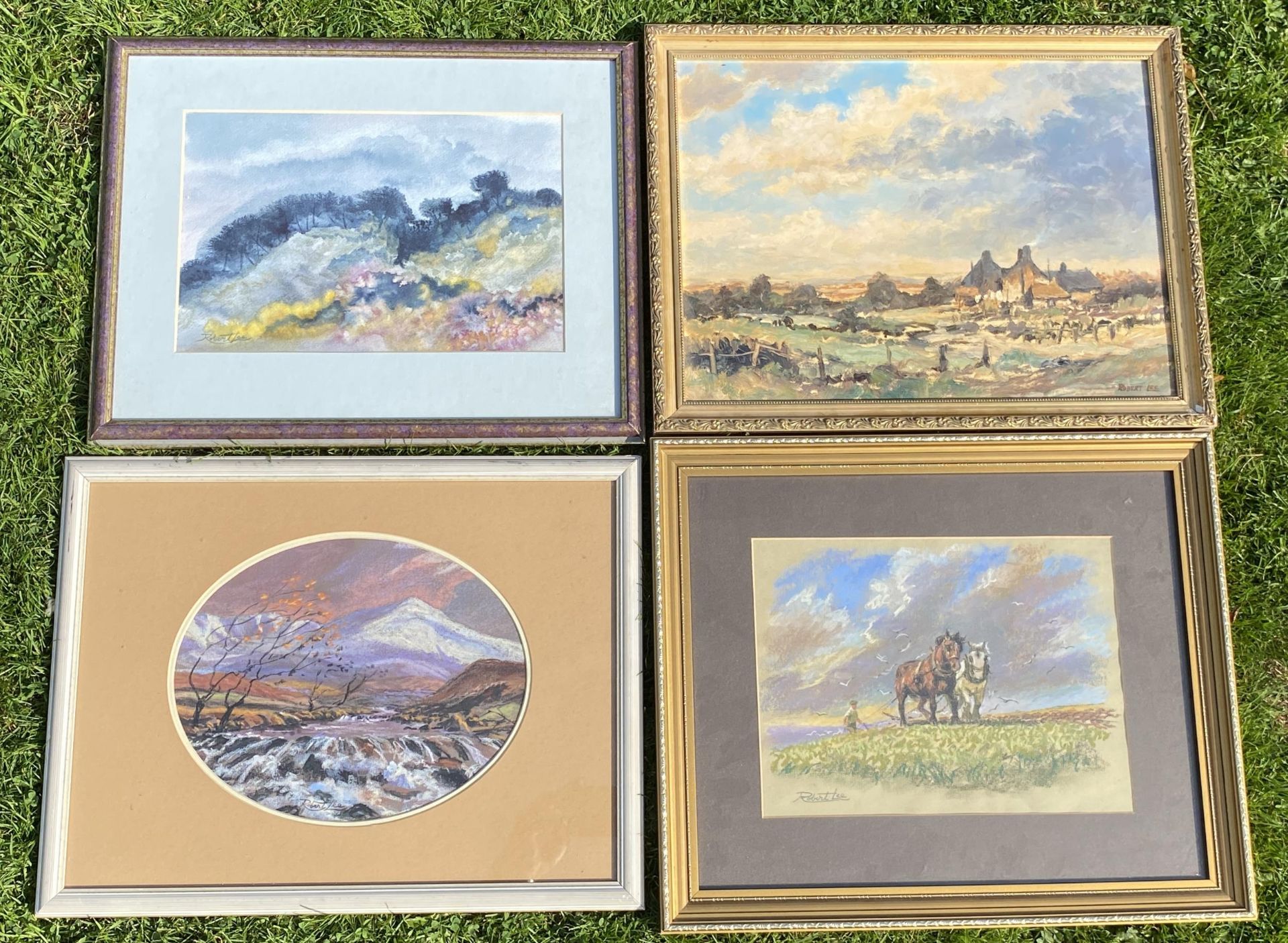 A COLLECTION OF FOUR NORTHERN ARTIST ROBERT LEE ORIGINAL PAINTINGS, PASTEL HORSE AND CART, OIL OF