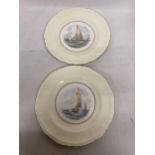 A PAIR OF ROYAL CROWN DERBY 25 CM PLATES "YACHT ENDEAVOUR" PAINTED AND SIGNED BY W E J DEAN