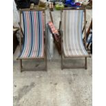 TWO RETRO WOODEN DECK CHAIRS AND TWO FURTHER FOLDING CHAIRS