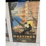 A VINTAGE STYLE BRITISH RAILWAY TRAVEL POSTER FOR HASTINGS AND ST. LEONARDS, 50CM X 60CM