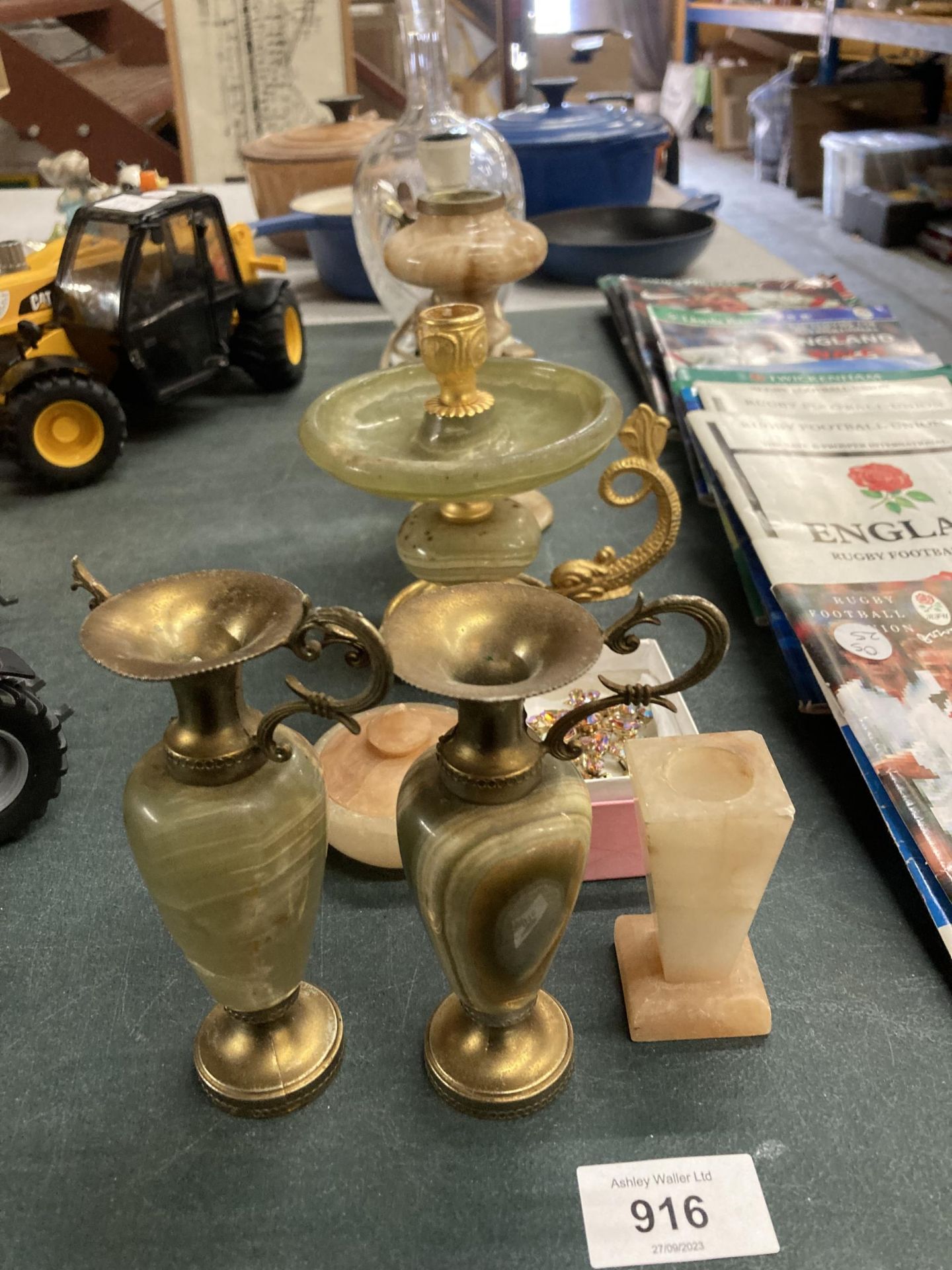 A PAIR OF SMALL ONYX AND METAL URNS AND A CANDLE HOLDERS, A GLASS DECANTER, ONYX SMALL TABLE LAMP, - Image 2 of 9