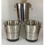 A PAIR OF CHROME EFFECT CHAMPAGNE BUCKETS AND FURTHER STAINLESS STEEL BUCKET (3)