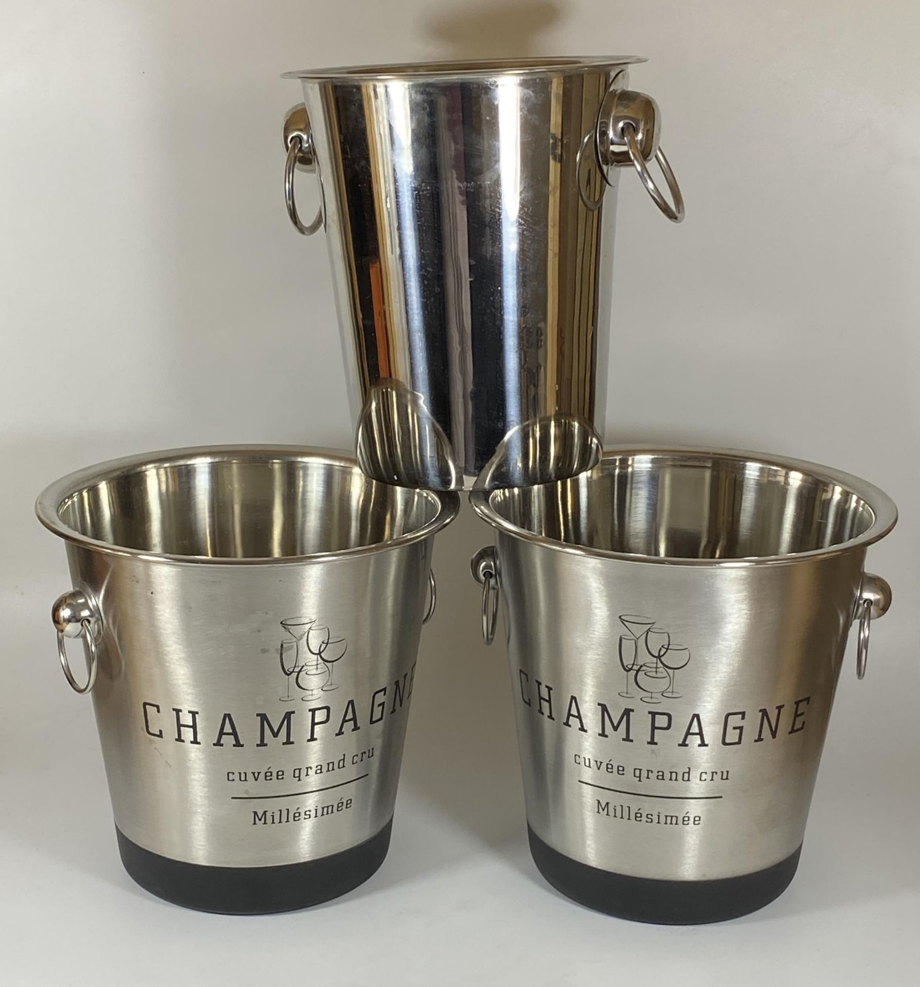 A PAIR OF CHROME EFFECT CHAMPAGNE BUCKETS AND FURTHER STAINLESS STEEL BUCKET (3)