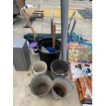 A LARGE ASSORTMENT OF GARDEN ITEMS TO INCLUDE GALVANISED BUCKETS, SHOVELS AND A DUST BIN ETC
