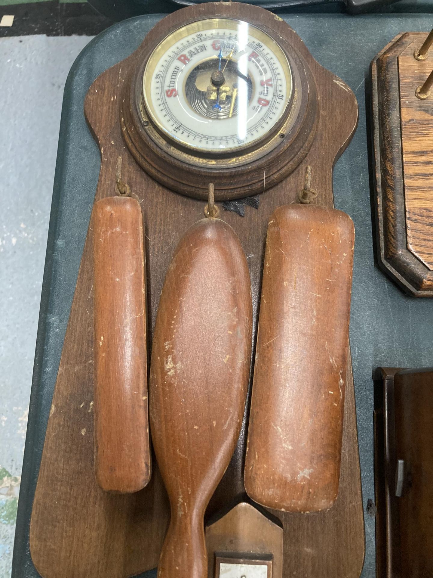 A MIXED LOT OF WOODEN WARE AND TREEN ITEMS, BOXES, EDISON STOCK TICKER, WOODEN ELEPHANT, BAROMETER - Image 6 of 7