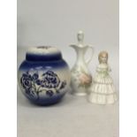 A CARLTONWARE LIDDED GINGER JAR, A ROYAL DOULTON JULIE FIGURE AND A FLORAL VINEGAR BOTTLE