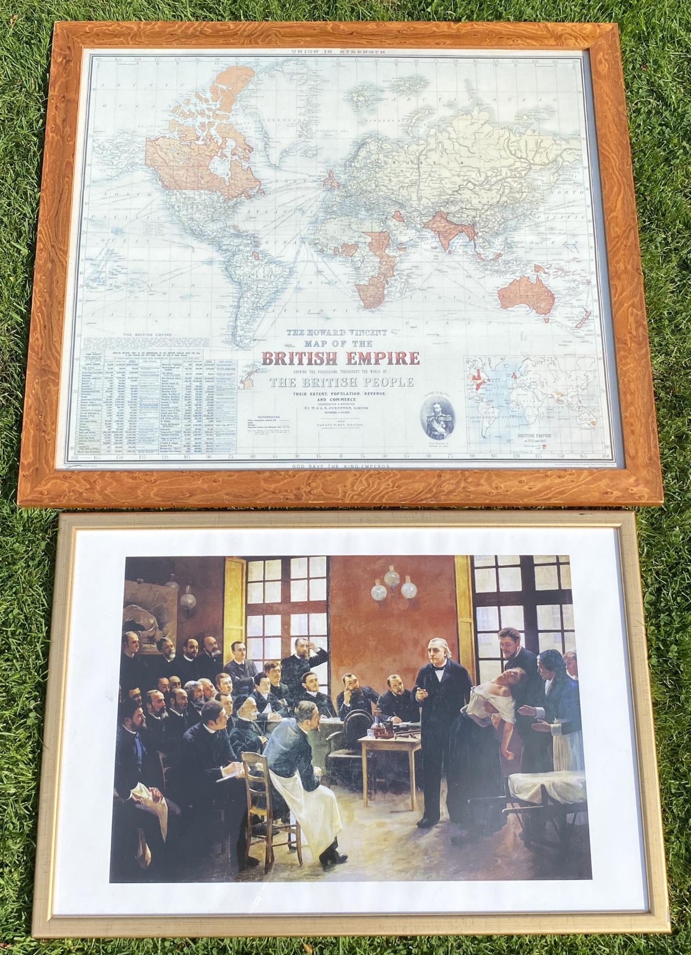 TWO FRAMED PRINTS TO INCLUDE THE HOWARD VINCENT MAP OF THE BRITISH EMPIRE, 1924, TWENTY-FIRST