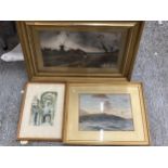 THREE FRAMED PAINTINGS - WATERCOLOUR OF A WINDMILL, STREET SCENE AND FURTHER EXAMPLE