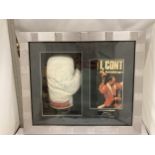 A FRAMED & SIGNED JOHN CONTEH BOXING GLOVE & AUTOBIOGRAPHY BOOK