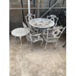 A VINTAGE CAST ALLOY BISTRO SET COMPRISING OF A ROUND TABLE, FOUR CARVER CHAIRS AND A COFFEE TABLE