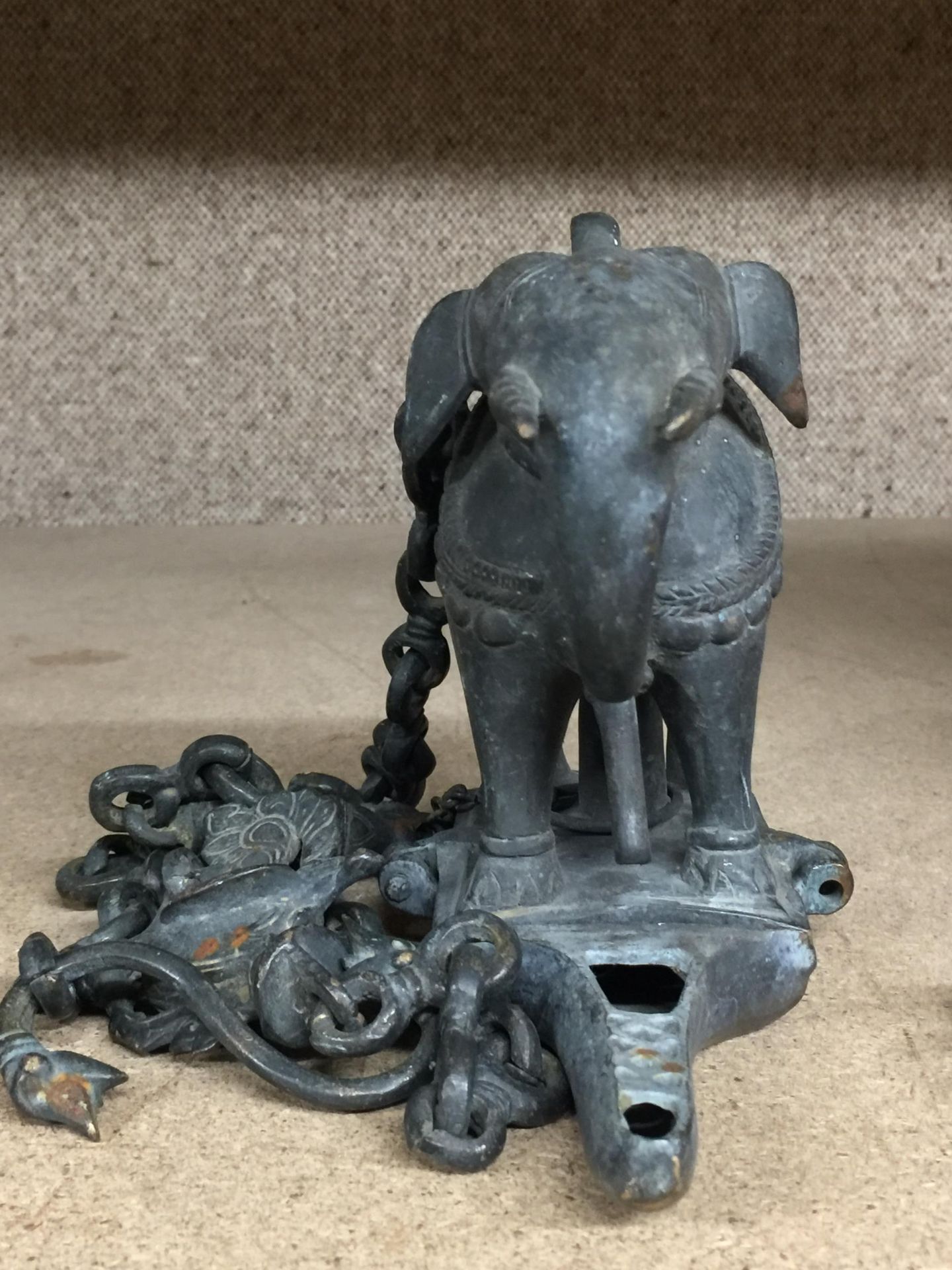 A VINTAGE SOLID BRONZE ELEPHANT HANGING INCENSE BURNER