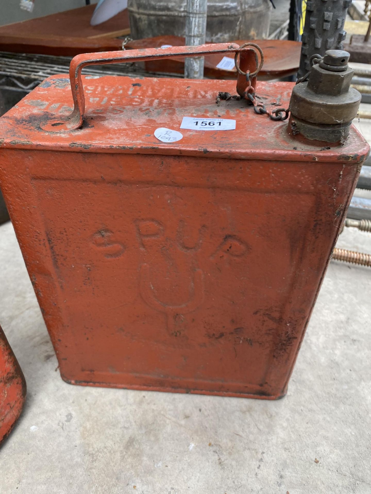 THREE METAL JERRY CANS AND A VINTAGE 'SPUR' FUEL CAN WITH BRASS CAP - Image 2 of 5