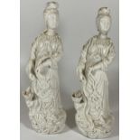 A PAIR OF CHINESE BLANC DE CHINE MODELS OF GUANYIN, HEADS A/F, HEIGHT 26CM