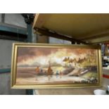 A GILT FRAMED OIL PAINTING OF A BOATING SCENE, INDISTINCTLY SIGNED