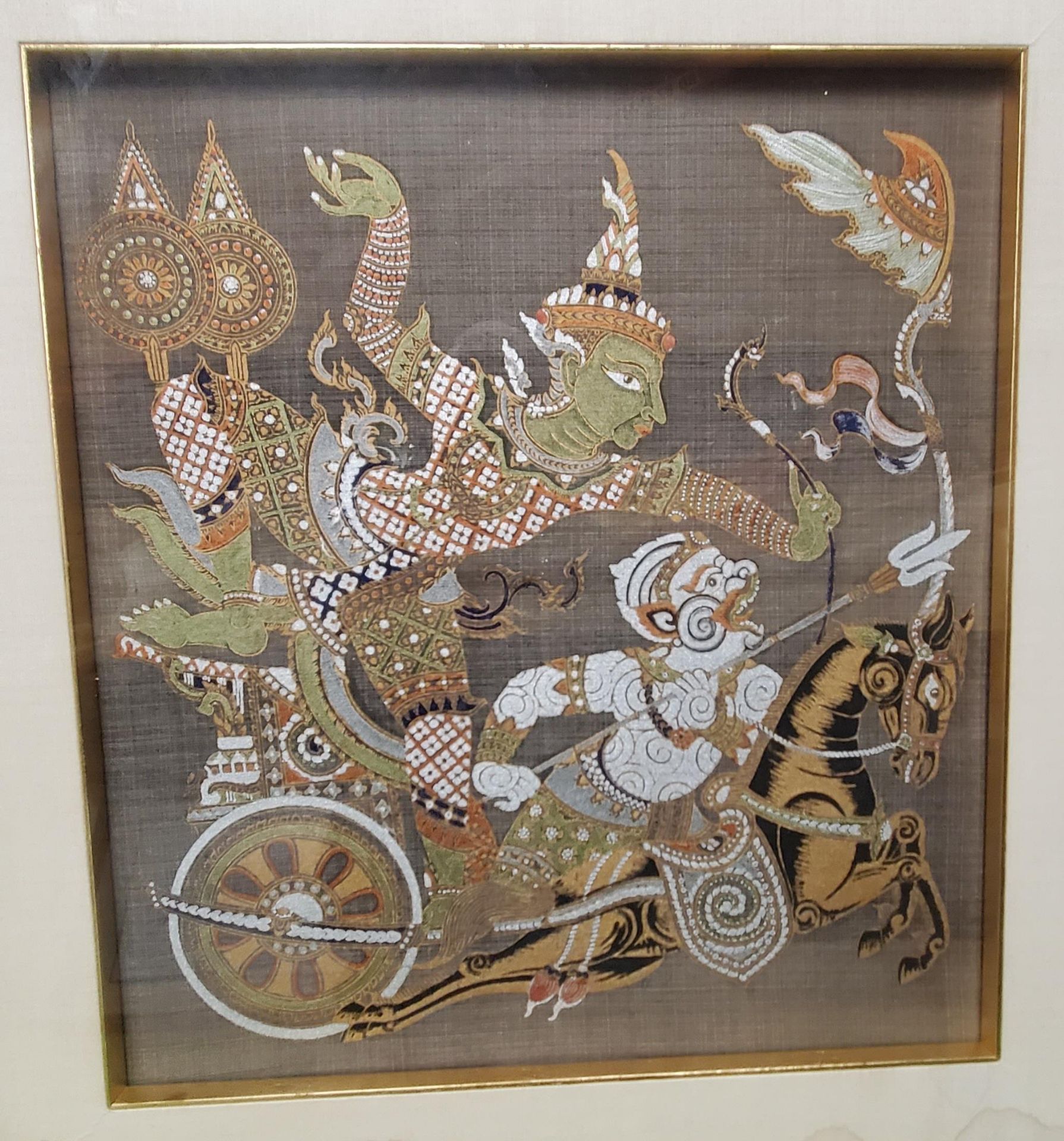 TWO FRAMED PICTURES TO INCLUDE AN ORIENTAL SILK PICTURE OF GODS - Image 3 of 3