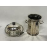 A HARRISON AND HOWSON SILVER PLATED LIDDED DISH WITH WARMER AND AN ALEX CLARK MFC & CO WELBECK