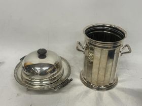 A HARRISON AND HOWSON SILVER PLATED LIDDED DISH WITH WARMER AND AN ALEX CLARK MFC & CO WELBECK