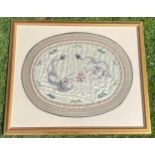 AN ANTIQUE FRAMED CHINESE OVAL SILK DEPICTING TWO DRAGONS CHASING THE FLAMING PEARL, 87 X 74CM