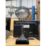 AN ART DECO STYLE BRONZE FIGURAL MIRROR ON MARBLE BASE