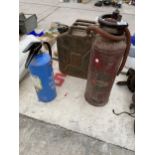 A VINTAGE METAL JERRY CAN, A FIRE EXTINGUISHER AND A VINTAGE NAMED FIRE EXTINGUISHER