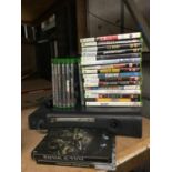 AN XBOX 360 WITH A QUANTITY OF GAMES TO INCLUDE, HALO WARS, MODERN WARFARE, FABLE II, CALL OF