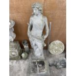 A LARGE RECONSTITUTED STONE CHERUB GARDEN FIGURE WITH PLINTH BASE (H:147CM WITH PLINTH) (A/F)