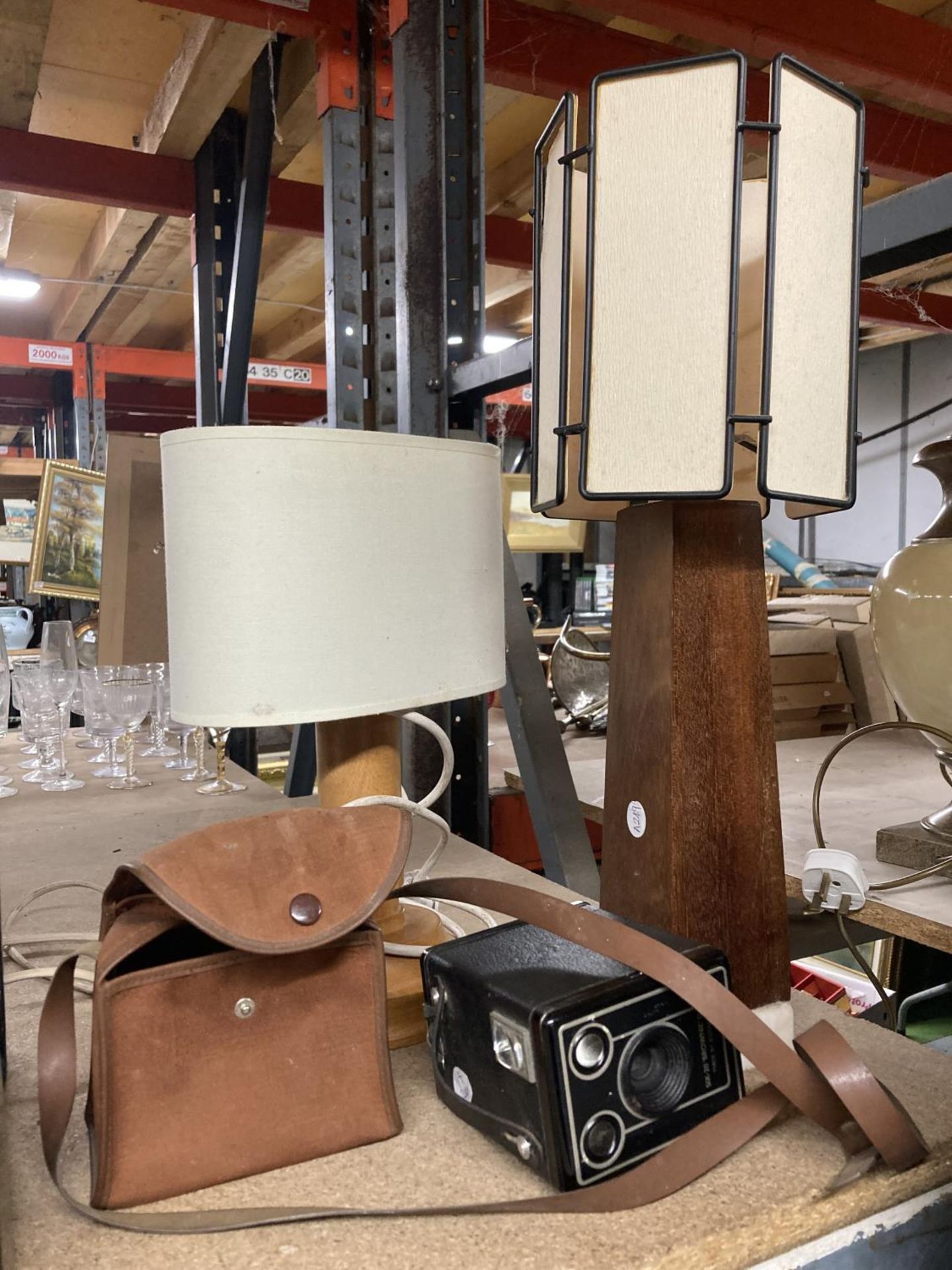 TWO WOODEN TABLE LAMPS AND A VINTAGE BROWNIE CAMERA