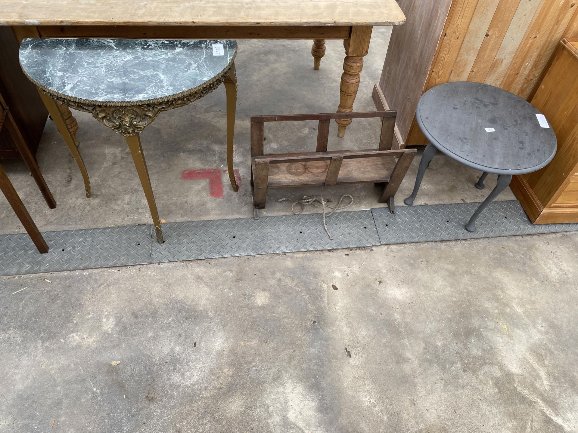 A PAINTED OCCASIONAL TABLE, DEMI-LUNE HALL TABLE AND SMALL STAND