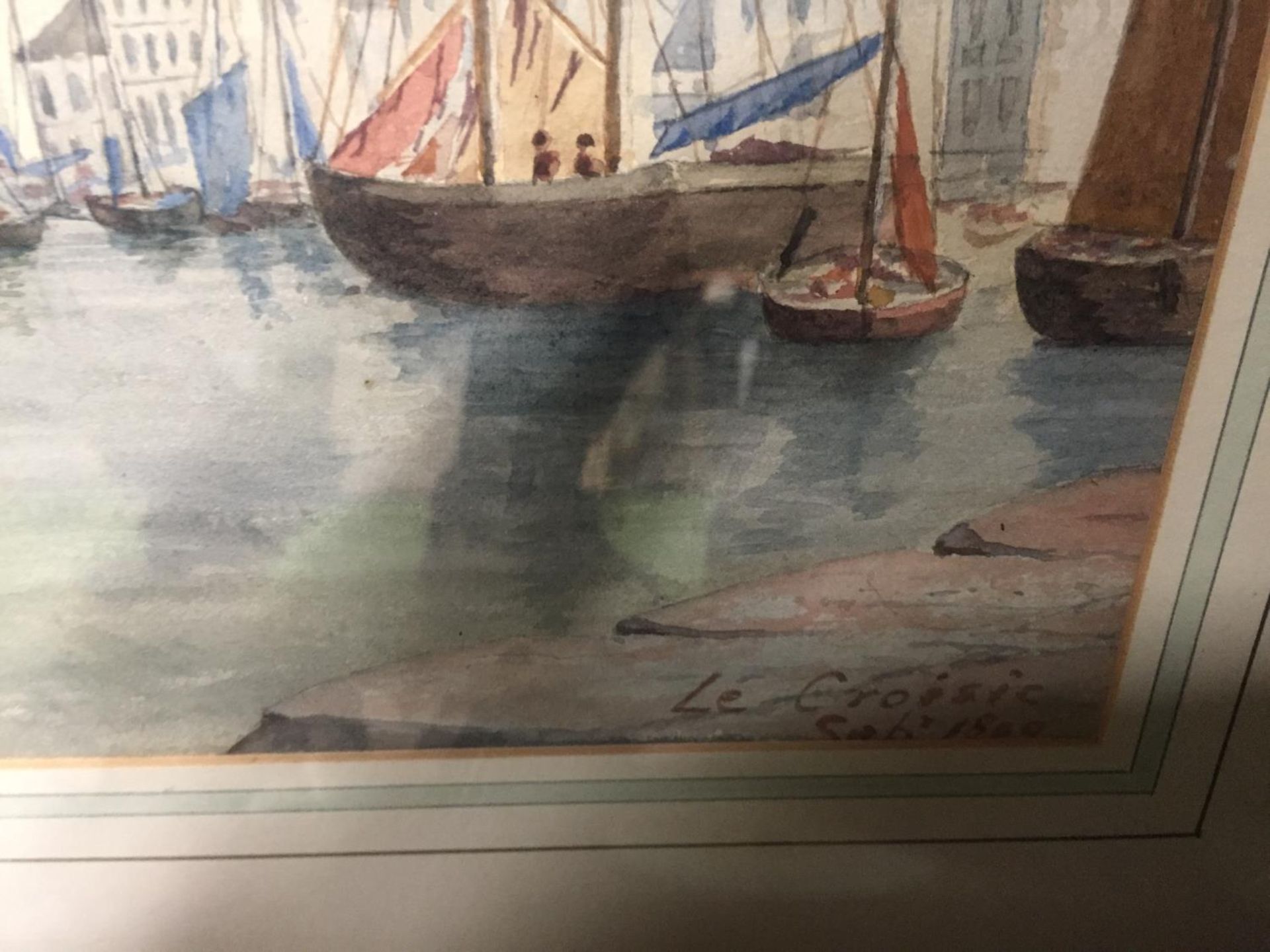THREE FRAMED WATERCOLOURS, AN ORIENTAL STYLE MAN ON A BRIDGE WITH THE SEA IN THE BACKGROUND, - Image 4 of 5