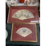 TWO VINTAGE FANS IN GLASS CASES, 60CM X 39CM AND 33CM X 30CM