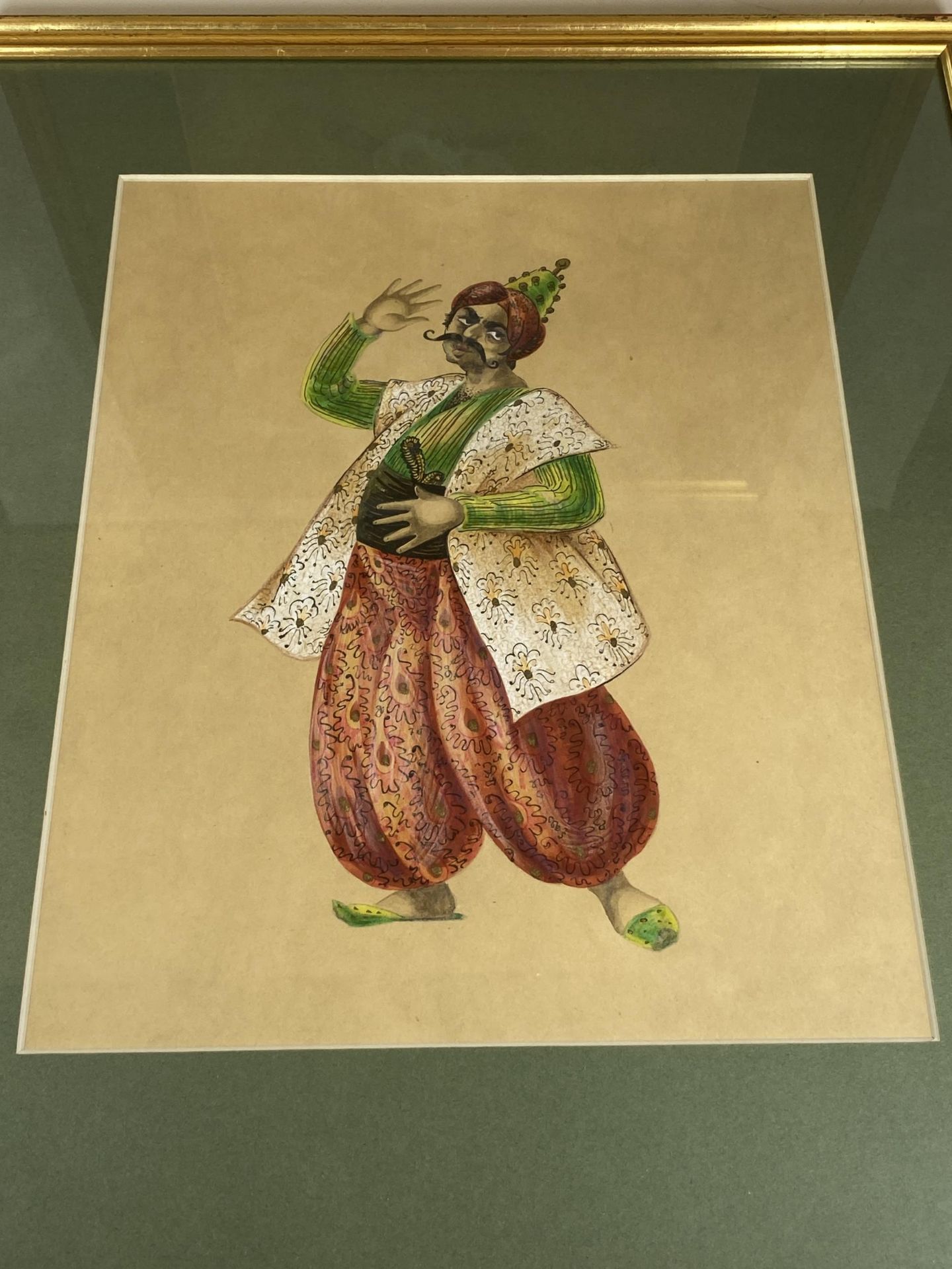 A PAIR OF GILT FRAMED ORIENTAL WATERCOLOURS - LABELS TO REVERSE 'MOZART: II SERAGLIO, OSARUN, KEEPER - Image 3 of 5