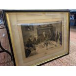 AN EBONY AND GILT FRAMED GENTLEMAN'S LUNCHEON SIGNED WALTER DENDY SADLER ECTHING BY JAMES DOBLE (