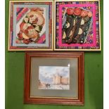 THREE FRAMED PICTURES - TWO PAPIER MACHE FOOD EXAMPLES AND A PRINT OF A CASTLE