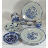 A COLLECTION OF 18TH CENTURY AND LATER CHINESE BLUE AND WHITE PORCELAIN - TEA CADDY, PAIR OF PLATES,
