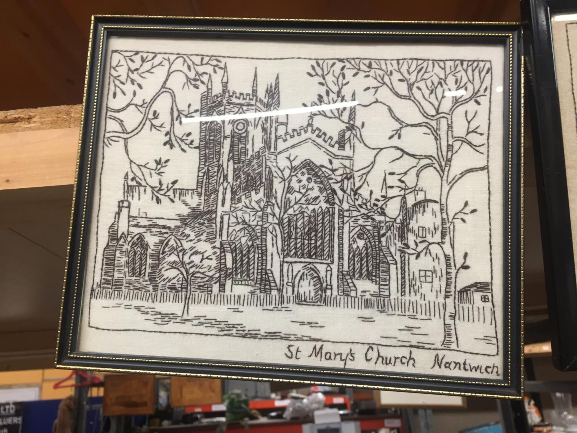 THREE FRAMED EMBROIDERY ON CLOTH IMAGES OF 'THE OLD CURIOSITY SHOP', ST MARY'S CHURCH, NANTWICH - Image 2 of 4